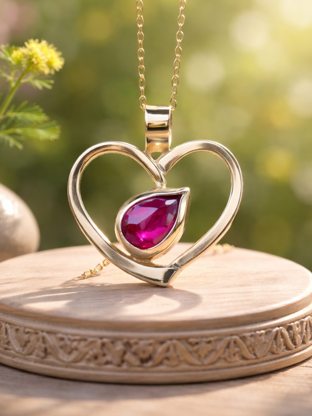 Natural Heart Ruby Pendant Solid 14K Yellow Gold , July Birthstone - No Chain